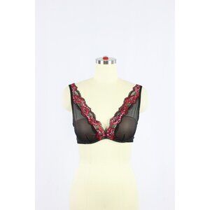 INTIMISSIMI Black Sheer Mesh Red Floral Lace Trim Plunge Bra, Size 34B